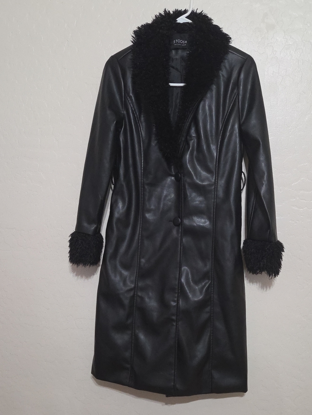 Stoosh Black Faux-Leather Trench Coat with Faux Fur Trim